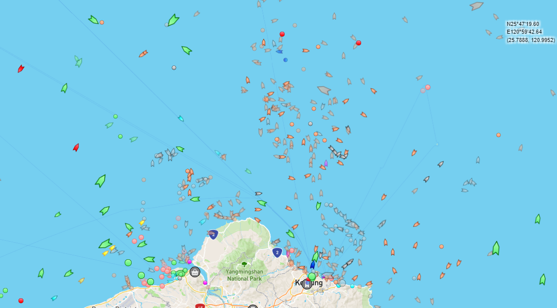 "Trawler Hell" North of Taiwan. The orange ships are fishing/trawling vessels, which are notoriously unpredictable.